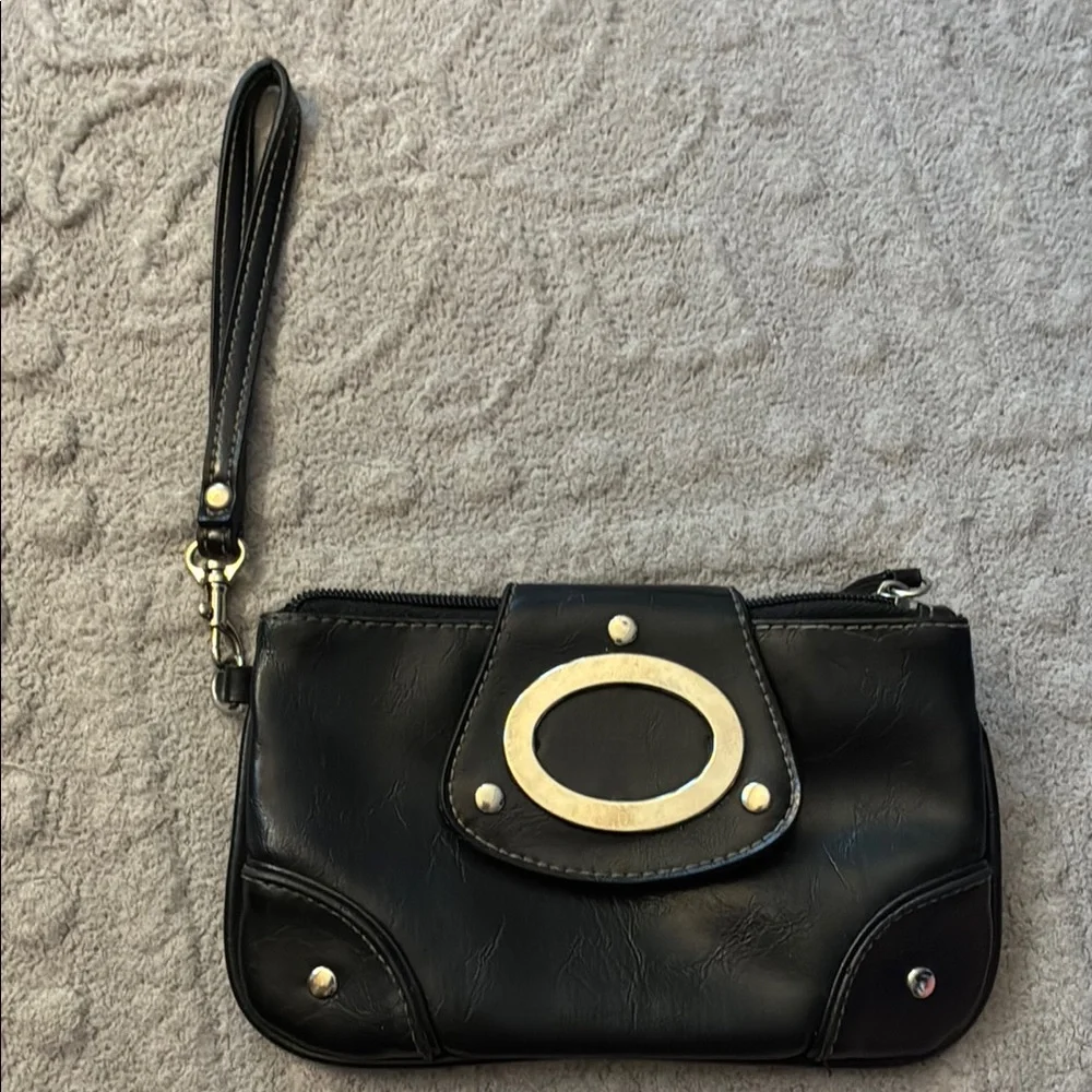 Elegant Black Clutch Wristlet with Silver Accents